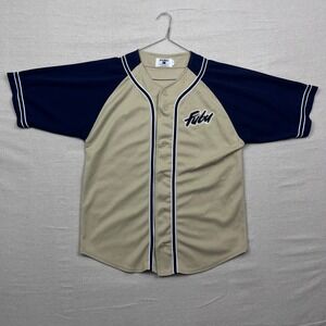 Vintage 90s FUBU‎ Baseball Jersey XL Tan Navy Short Sleeve Button Up USA Made